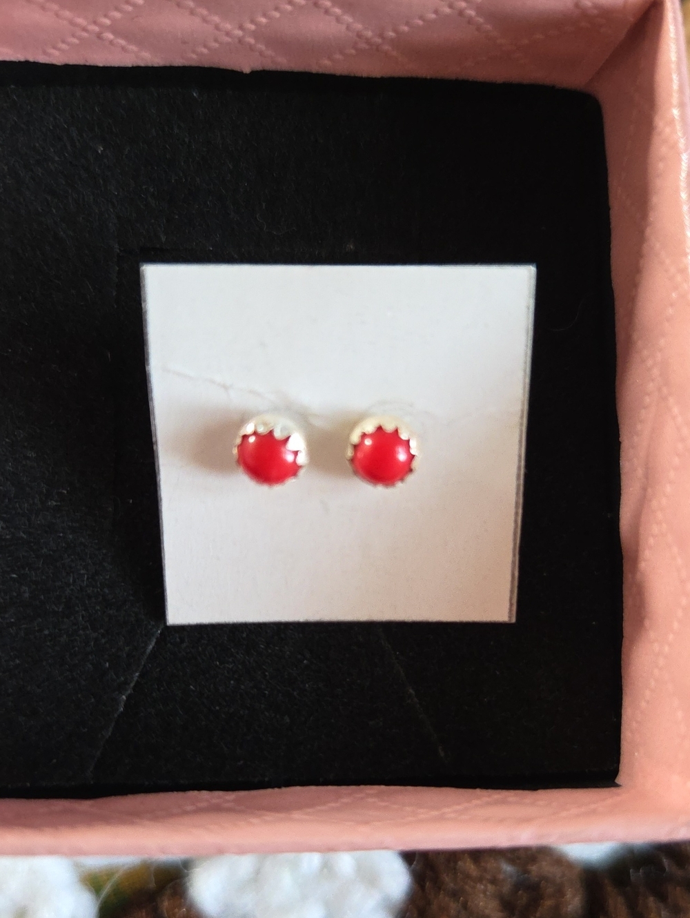 Native American Navajo Red Coral Zuni Stud Earrings - Women Jewelry